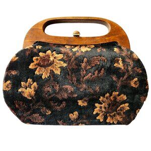 Vintage Floral Tapestry Handbag With Wooden Handle & Brass Clasp Closure